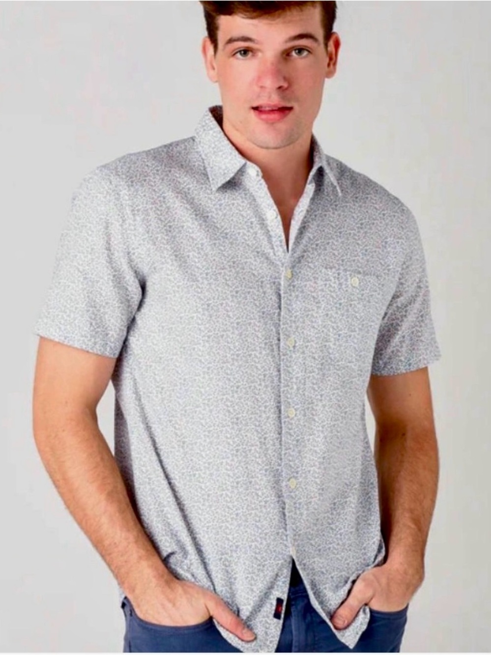 Faherty‎ Men's L Playa Cotton Short-Sleeve Button Shirt White/Blue